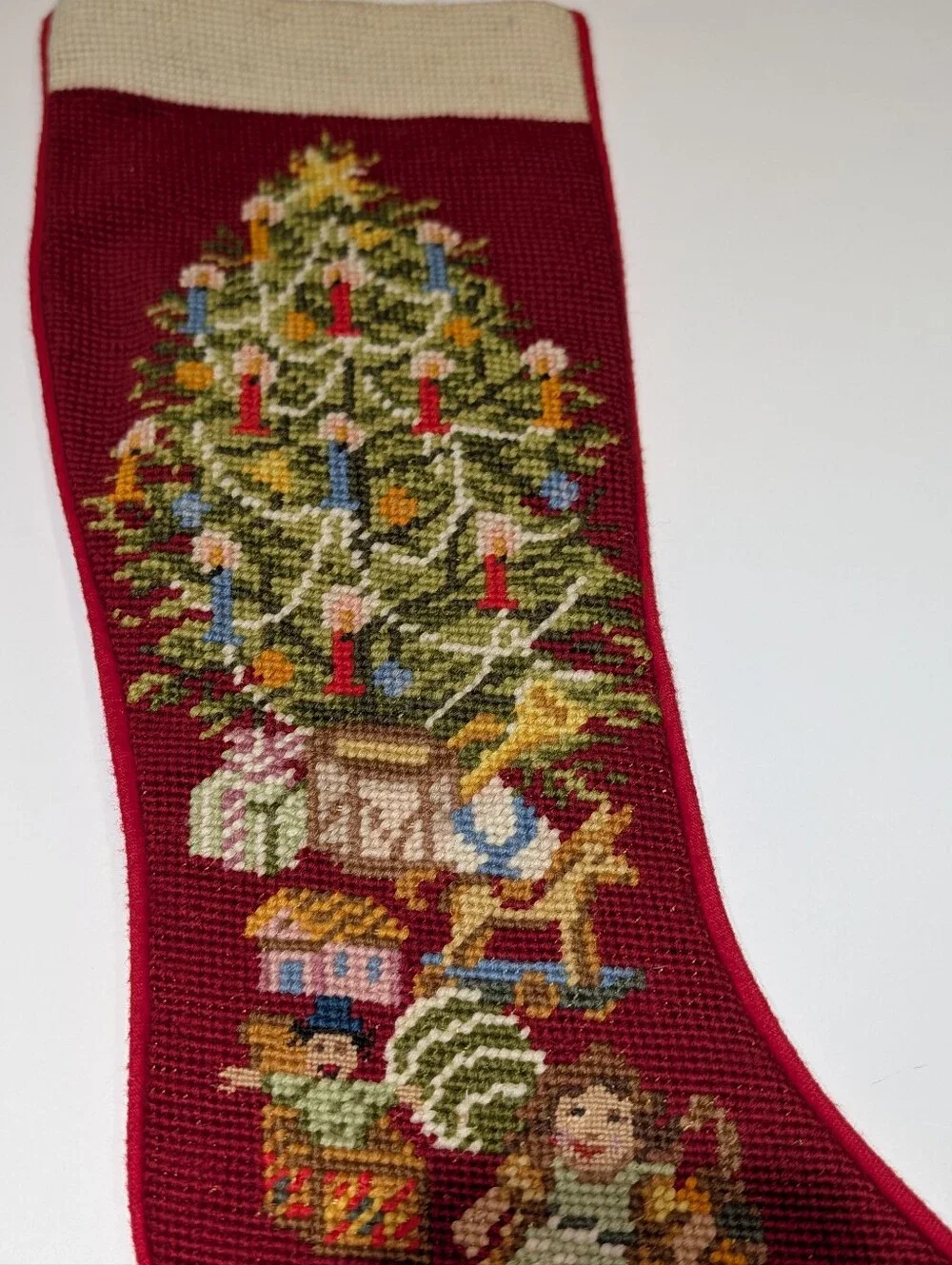 Vintage Sferra Handmade Needlepoint Christmas Stocking - Tree And Presents